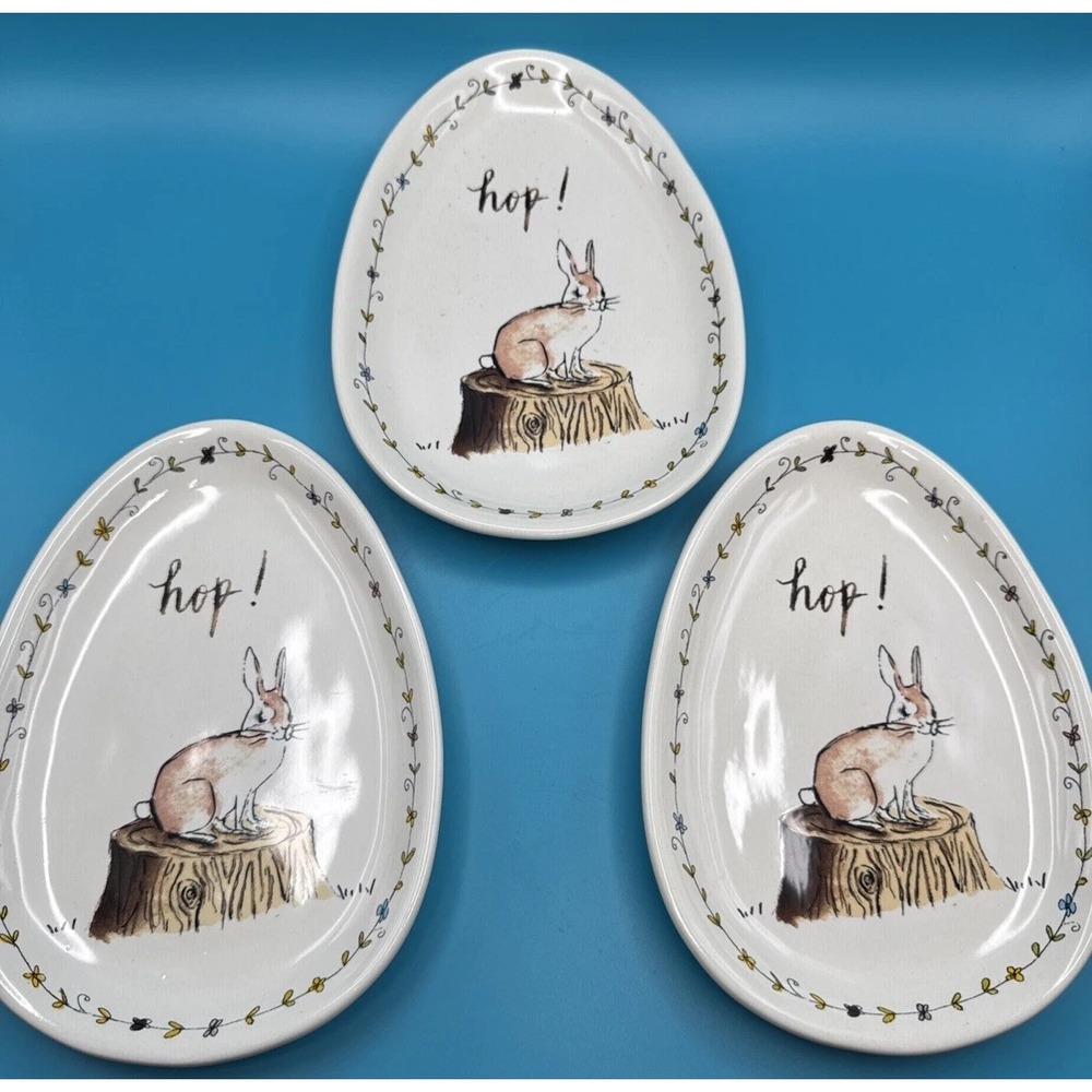 Rae Dunn Magenta Artisan Plates Set 3 Bunny Rabbit Egg Shape Woodland Easter Hop